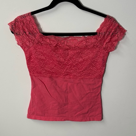 Y2K SWS women's pink lace off shoulder slim fit top, S. - Picture 2 of 2